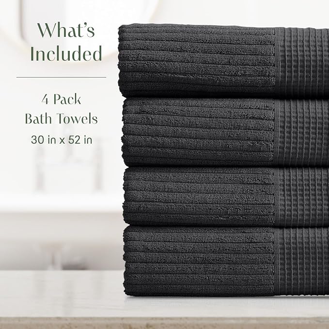 Springtree Home 100% Cotton Bath Towel Set | 4-Pack | Textured | Black | Absorbent & Quick-Dry Bathroom Towels | Textured and Durable Cotton Towels for Bathroom | OEKO-TEX | Krista Collection
