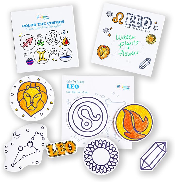 A Brighter Year Color The Cosmos Leo Gift Bundle - Adult Mini Coloring Book (3" x 3" - 50 Pages), Post It Notes (50-3” x 3”), Stickers - Stress & Anxiety Relief - Mindfulness, Gift, Travel