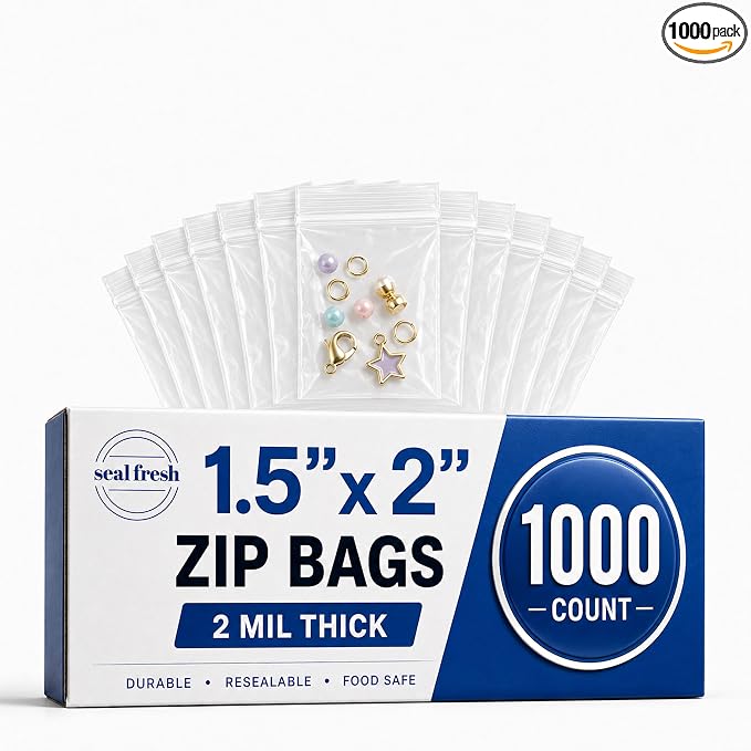 Seal Fresh 1.5 x 2 Inch Resealable Plastic Bags 1000 Pack — Clear Reclosable Mini Bags with Zipper Seal for Jewelry, Beads, Small Parts, Crafts, Hardware