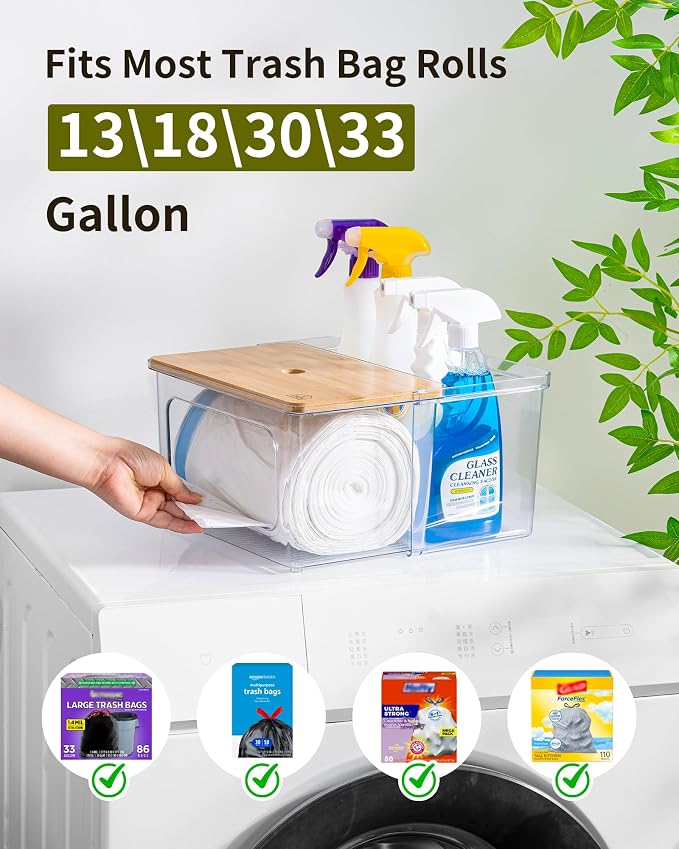 iCASA Trash Bag and Pod Dispenser - 5 in 1 Acrylic Under Sink Organizer with Bamboo Lid, Holds Garbage Bags, Dishwasher Pods, Laundry Tabs, Dryer Sheets & Balls for Kitchen, Pantry, Laundry Room