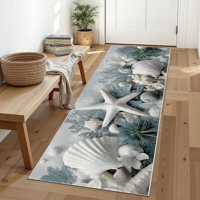Starfish Seashell Runners Rug for Hallway 2x6 - Seaside Coastal Runner Rug, Soft Non Slip Washable Long Rugs, Ocean Themed Carpet Runner for Hallways Kitchen Corridor Entryway
