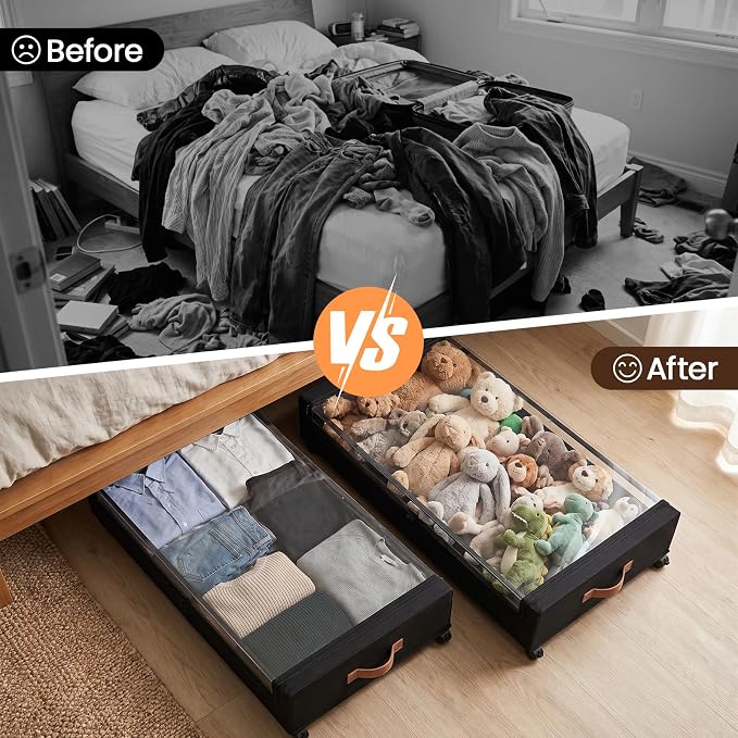 Yecaye 70L Large Under Bed Storage Containers with Wheels, 2 Pack, Black | Larger Capacity, 360° Rolling Wheels, Clear Window & Label, Sturdy Fabric, Rolling Metal Drawers for Clothes, Shoes, Blankets