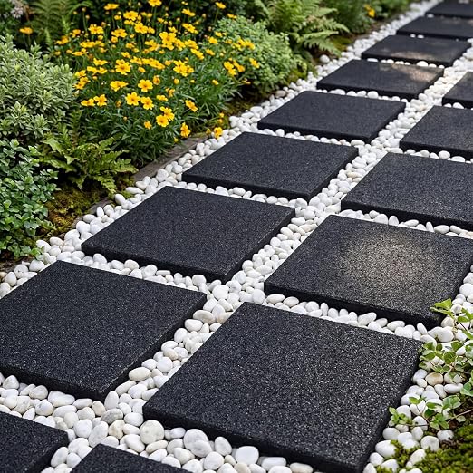 Nuanchu 16 Pcs 12 x 12 Inch Rubber Stepping Stones Outdoor Garden Walkway Non-Slip Durable Pavers for Patio, Pathway, Landscaping, Weatherproof Stepping Stones for Easy Installation (Square,Black)