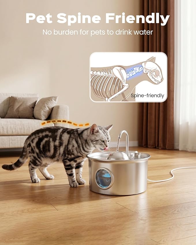 Pet Water Fountain Stainless Steel: 8 Filters + 8 Sponges Cat Fountains for Drinking - Metal Pet Fountain - Running PetFountain Filtered - DCTROD 88oz/2.6L Faucet Pet Bowl Dispenser Fountains
