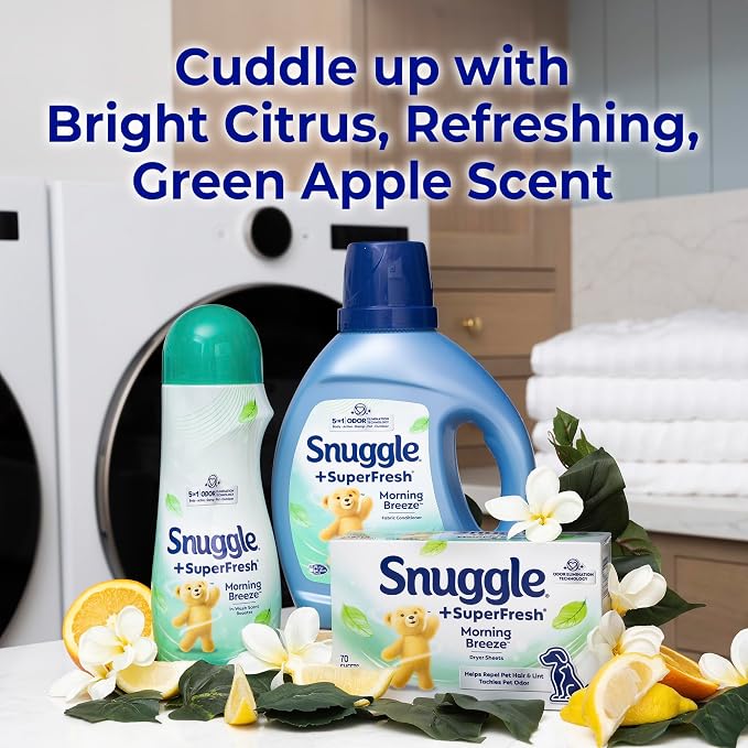 Snuggle SuperFresh Fabric Softener Dryer Sheets, 200 Count, Morning Breeze, Long-Lasting Fresh & Clean Scent, Tackles Pet Odor, Helps Repel Pet Hair, Reduces Static & Fights Wrinkles, HE Safe