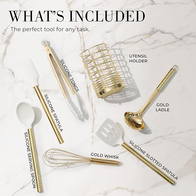 Gold Kitchen Utensils, 7-Piece Silicone Kitchen Utensils Set with Utensil Holder, White and Gold Kitchen Accessories, Luxury Kitchen Accessories for Modern Kitchens