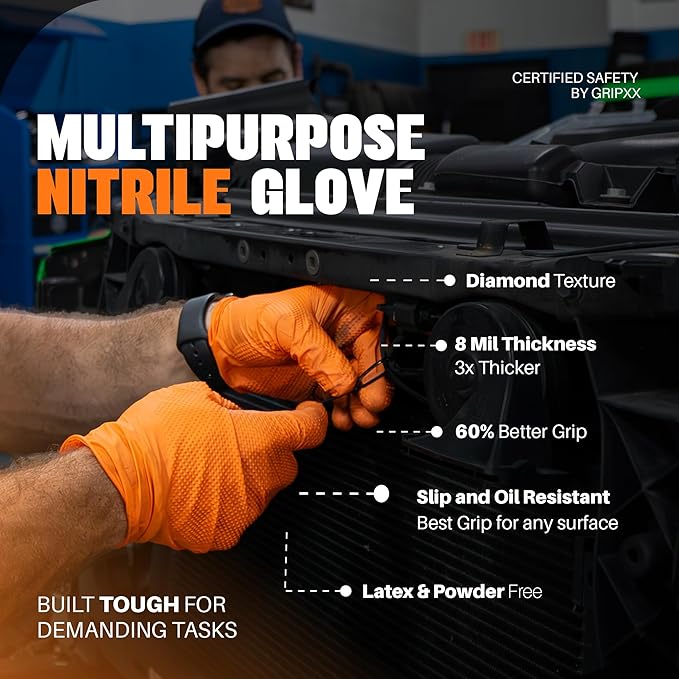 GRIPXX Herkules Grip Heavy Duty 8Mil Orange Nitrile Gloves,3D Raised Diamond Texture-Latex & Powder Free-Industrial, Mechanic (2, Small)
