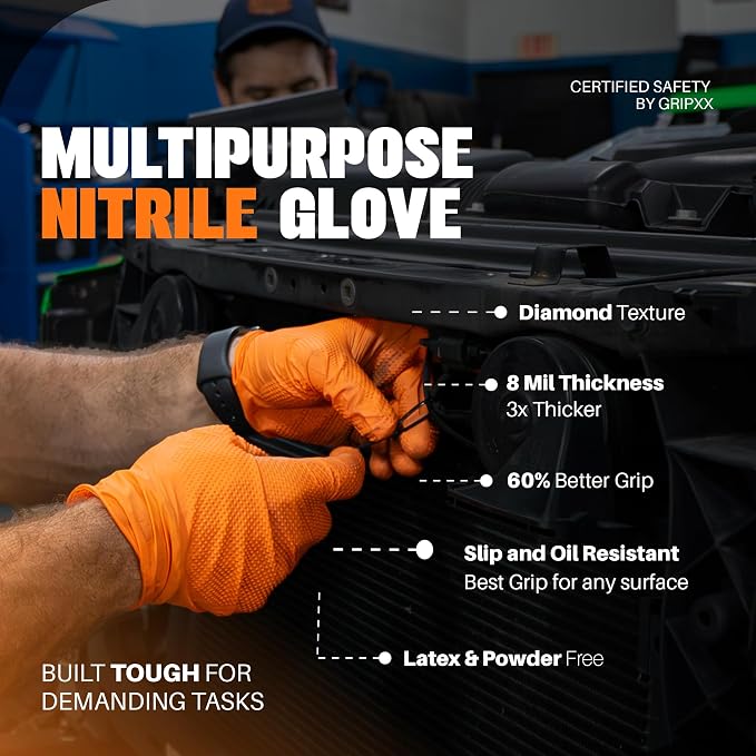 GRIPXX Herkules Grip Heavy Duty 8Mil Orange Nitrile Gloves,3D Raised Diamond Texture-Latex & Powder Free-Industrial, Mechanic (10, X-Large)