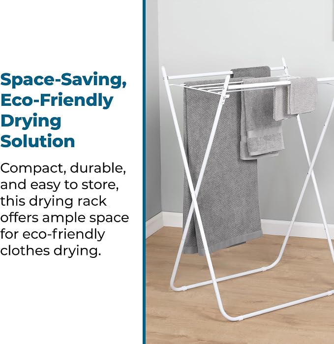 Honey-Can-Do Easy-Fold Collapsible Clothes Drying Rack, Sturdy Metal Laundry Rack Holds 40 lbs, Space-Saving Foldable Towel Rack for Indoor Outdoor Use, Non-Skid Feet, White