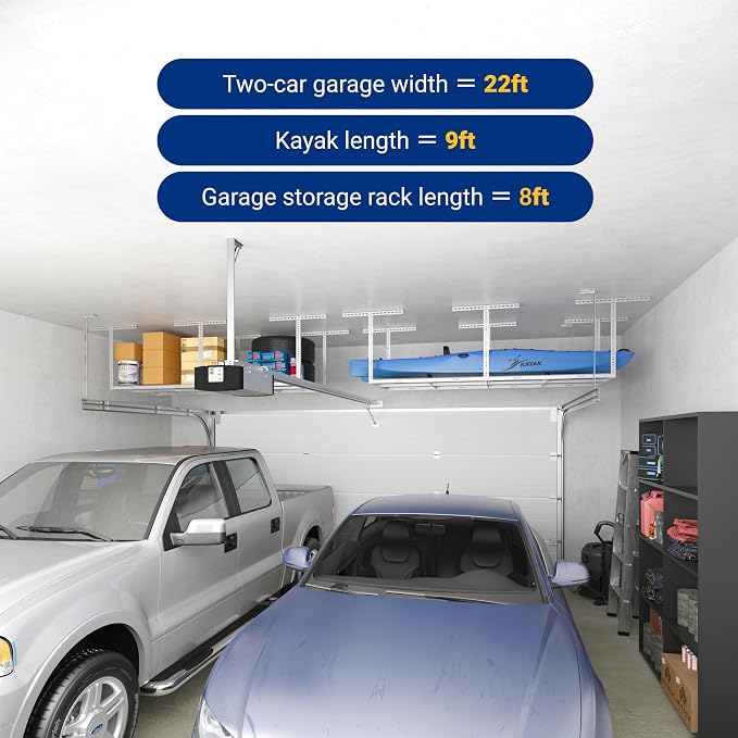 FLEXIMOUNTS 3x8 Overhead Garage Ceiling Storage Rack Organization, White | 750lbs Weight Capacity, 22"-40" Adjustable Organization System, Heavy-Duty Metal Ceiling Racks, Classic Series