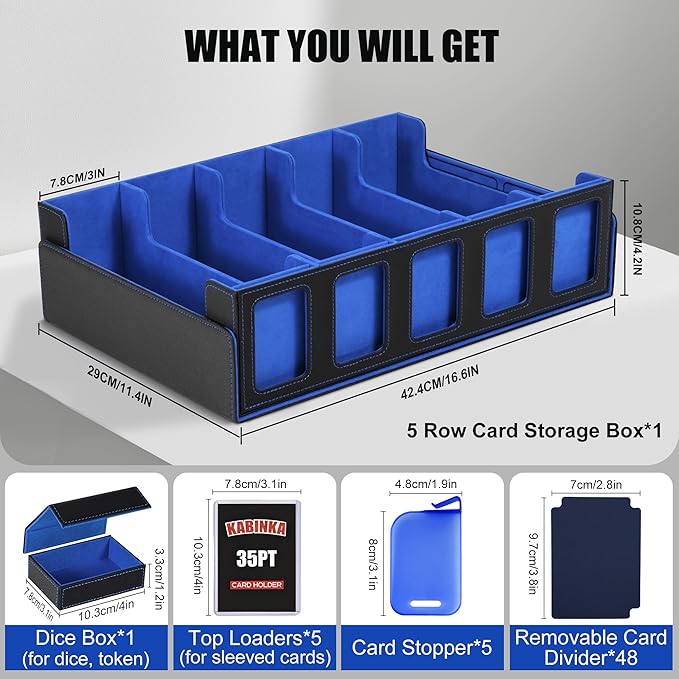 Trading Card Storage Box with Commander Display , 5-Row Deck Case with Removable Lid; 3900+ Card Deck Box for MTG TCG Sports Card, 5 Top Loaders, 5 Stoppers, 48 Dividers,1 Dice Tray (Black Blue)