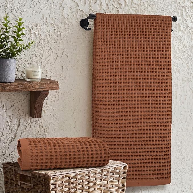 Waffle Bath Towels Set of 2 (Rust) - Fall Bathroom Decor, Large 31” x 62” | Low Lint, Lightweight & Quick Dry Cotton Towels