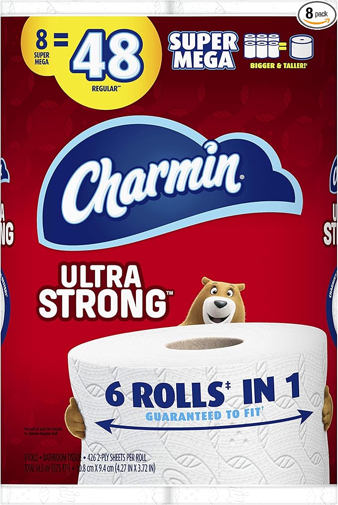 Charmin Ultra Strong 2-Ply Toilet Paper Mega Rolls, 4" x 4", White, 242 Sheets Per Roll, Pack of 8 Rolls
