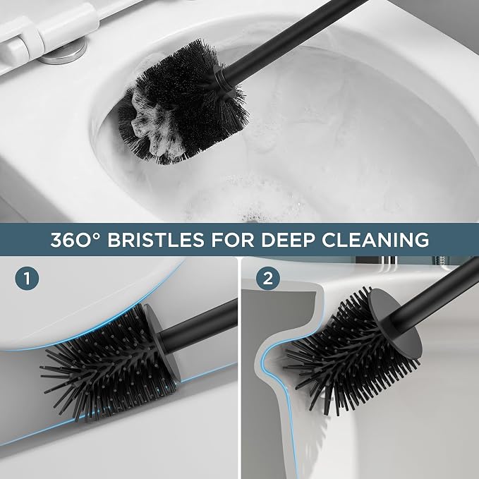 FORIOUS Tall Toilet Brush and Holder Set, Heavy Duty 304 Stainless Steel Base Square and Long Handle for Bathroom Deep Cleaning, Drip-Proof, Space Saving for Storage, 2 Toilet Bowl Brush Head, Black