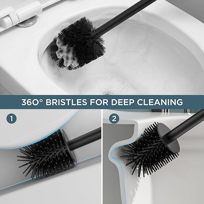 FORIOUS Toilet Brush and Holder Set, Heavy Duty 304 Stainless Steel Base Square and Long Handle for Bathroom Deep Cleaning, Drip-Proof, Space Saving for Storage, 2 Toilet Bowl Brush Head, Black