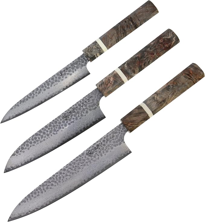 Cold Steel Japanese VG-10 Damascus 3-Piece Kitchen Knife Set – VG-10 Steel Chef Knives with Damascus Pattern for Precision Cutting & Kitchen Use