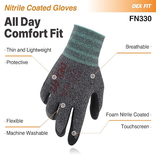 DEX FIT Nitrile Work Gloves FN330, 1 Pair, 3D-Comfort Stretchy Fit, Firm Grip, Thin & Lightweight, Touch-Screen Compatible, Durable, Breathable & Cool, Machine Washable; Grey M (8)