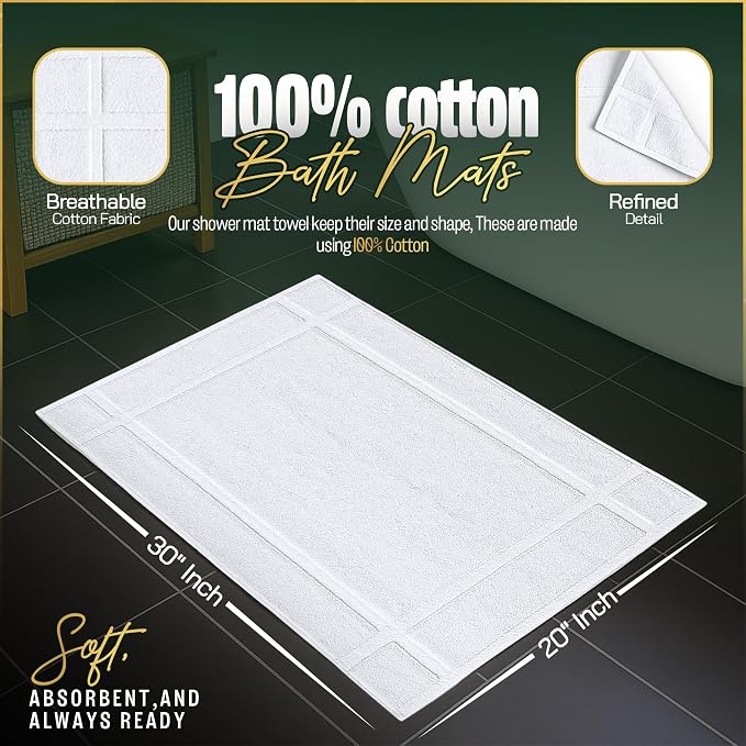 Pearl Linens Pack of 6 100% Cotton Bath Mat Towels, 20x30 inches, Soft & Absorbent Floor Towels for Bathroom, Not Bathroom Rugs, After Shower Mat, 687 GSM, Machine Washable, Airbnb Essentials, White