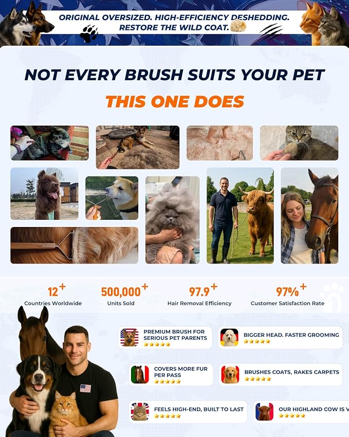 Over-Sized 2-Sided Dog Brush For Shedding Undercoat Rake for Dogs & Cats & Horses, Remove Mats, Dematting Comb,Gentle Grooming Brush for German Shepherds Medium to Long-Haired Pets(African Padauk)
