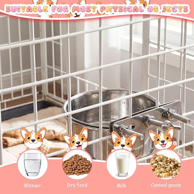 Silkfly 14 Pack Stainless Steel Hanging Dog Crate Bowls, Non-Spill Kennel Food & Water Bowls with Screw Clamp Holders, Removable, Easy to Clean Metal Cage Feeder for Pets(29 oz)