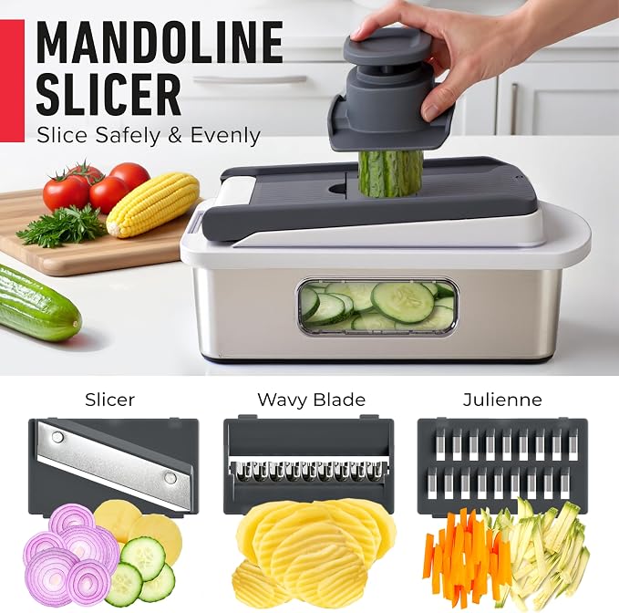 MUELLER HOME Pro-Series 10-in-1, 8 Blade Stainless Steel Multi Vegetable Chopper And Mandoline Slicer, Kitchen Accessories and Essentials, Food and Veggie Chopper, Mincer, Dicer, White Sand/Grey
