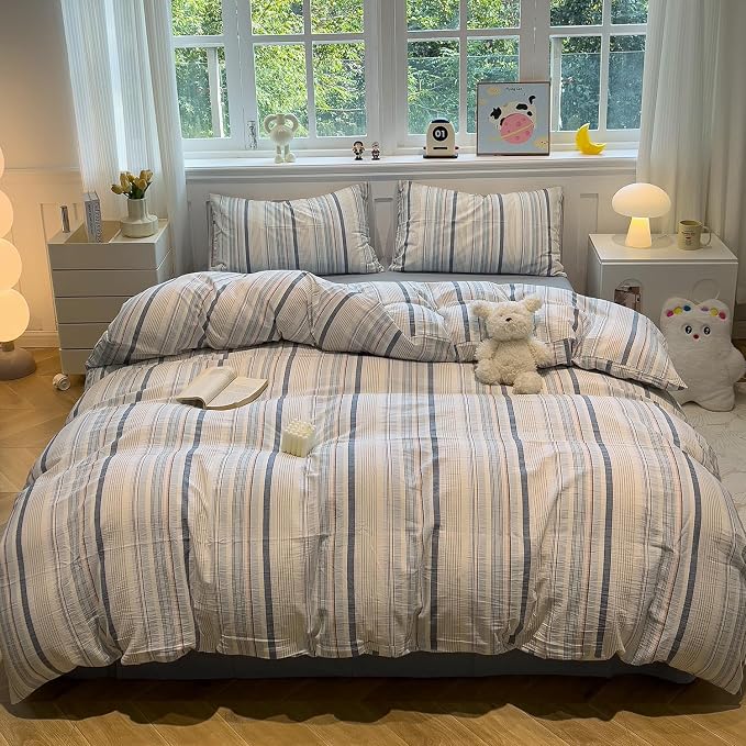 mixinni Vintage Blue and White Striped Duvet Cover Set Twin Size - 100% Washed Cotton 3 Piece Bedding Set with Geometric Pattern, Soft Breathable Comforter Cover with Zipper Closure & Corner Ties