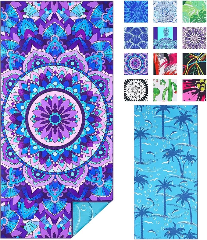 TwoYek Microfiber Beach Towel Extra Large 71x32 inches Boho Mandala Print | Thin Lightweight, Sand Free Super Absorbent Quick Dry, Oversized for Travel Pool Swim Bath Camping Sports Girls Women Adults