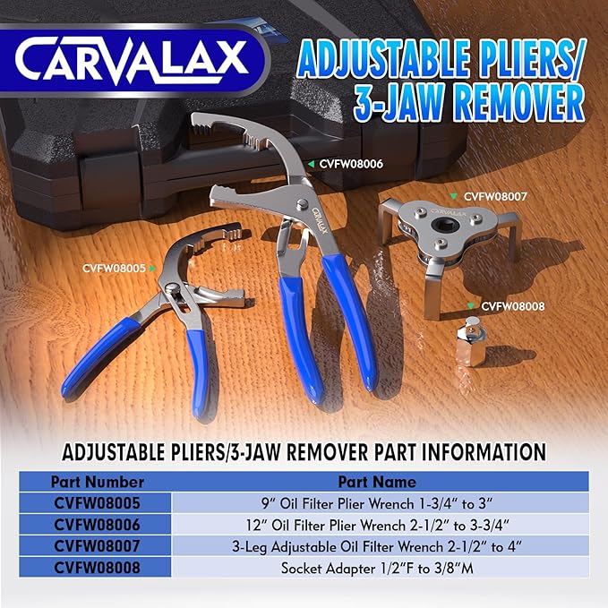 CARVALAX 8PCS Oil Filter Wrench Set – Stainless Steel Swivel Wrenches (1-3/4”to 5-1/4”), 9” & 12” Adjustable Pliers, Universal 3-Jaw Remover with Adapter, Organized in Storage Case for Auto Repair
