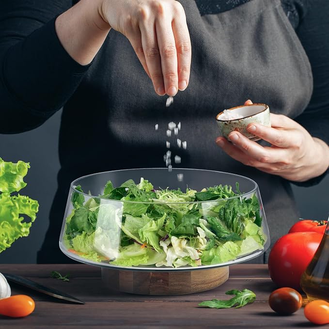 KITEISCAT Extra Large Glass Salad Bowl Set - Party Salad Bowls with Acacia Wood Base and Serving Utensils - Elegant and Practical Kitchen Must-Have
