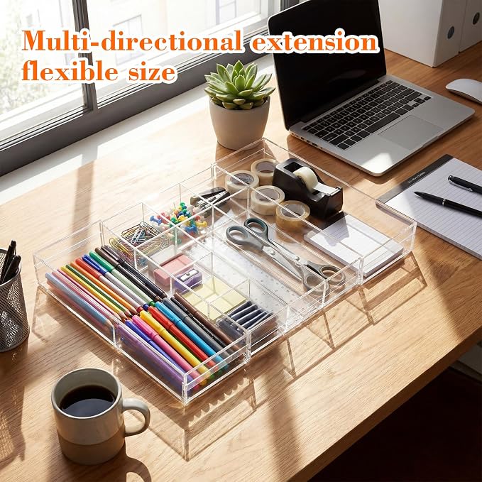 Briwooody 1 Pcs Acrylic Desk Drawer Organizer 9'' up to 16'' x 12'' x 2.2'' Expandable Drawer Organizer Trays with 10 Adjustable Compartments Clear Desk Accessories for Makeup Office Bathroom