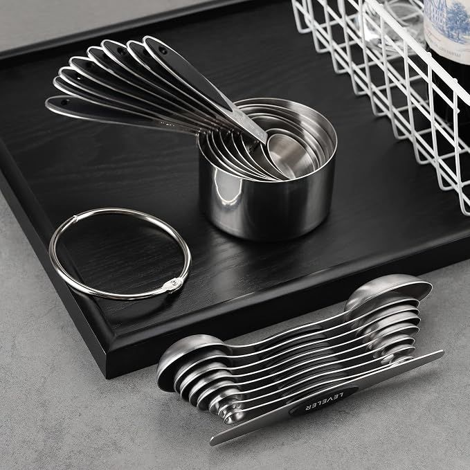 Measuring Cups and Spoons Set Stainless Steel Includes 8 Heavy Duty Measuring Cups 8 Double Sided Magnetic Measuring Spoons and 1 Leveler for Dry and Liquid Ingredients