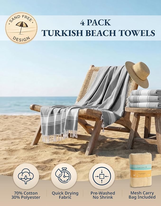 LANE LINEN Turkish Beach Towels 4 Pcs, Super Absorbent, Lightweight - Alloy | Oversized Beach Towel 39"x71" - Durable Sand Free Towel - Absorbent & Quick Dry - Perfect for Pool or Travel, Poolside Ready