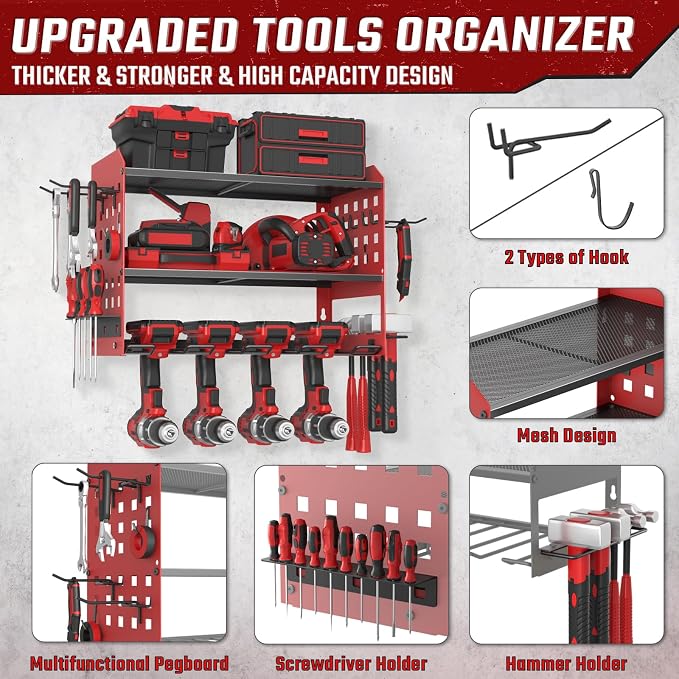 SUNALLY Power Tool Organizer, Heavy Duty Wall Mount Tool Organizer 3 Layers with 4 Drill Holders, Garage Tools Storage Rack with 2 Side Pegboards and Hooks for Workshop, Shed, Red