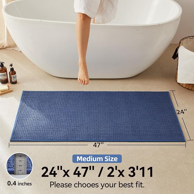 Triohero Bathroom Rugs Non Slip Washable, Super Absorbent Thin Bath Mat Quick Dry Low Pile Bathroom Rug, Denim Blue 24"x47"