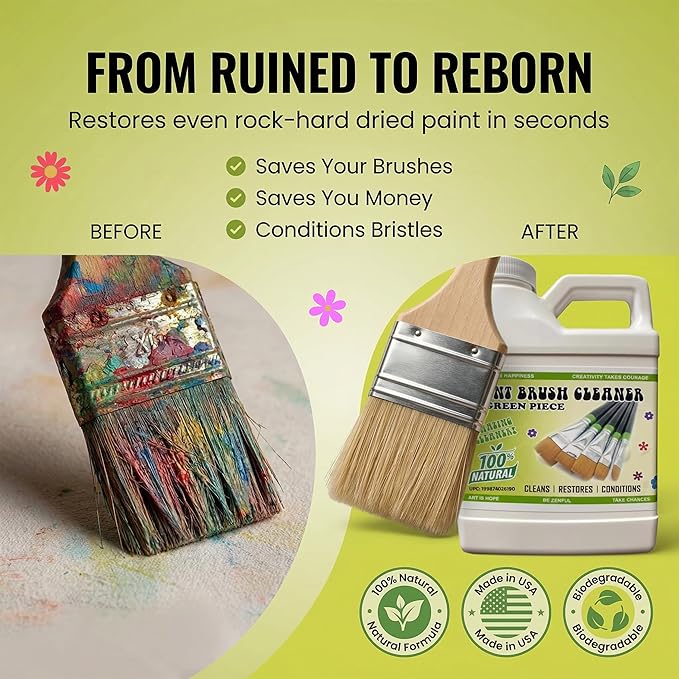 Green Piece® Paint Brush Cleaner & Restorer – 100% Natural, Non-Toxic Formula – Made in USA – Cleans Wet or Dry Paint – Safe for Hands – Works on Acrylic, Latex, Oil & Shellac – 18 Oz