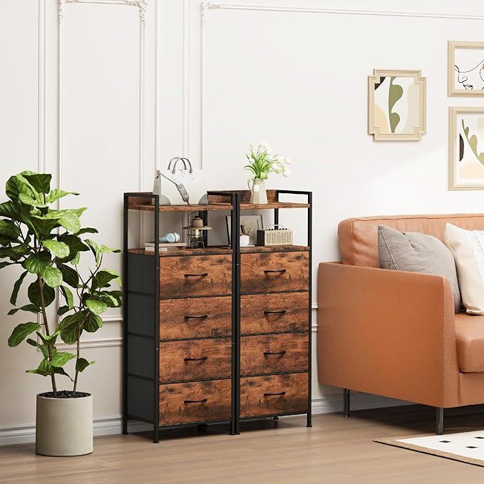 Somdot Nightstand with 4 Drawers, Vertical Storage Tower Fabric Dresser for Bedroom, Night Stand Bedside Table Furniture, Sturdy Steel Frame, Wooden Top & Easy Pull Fabric Bins, Wood Grain Print