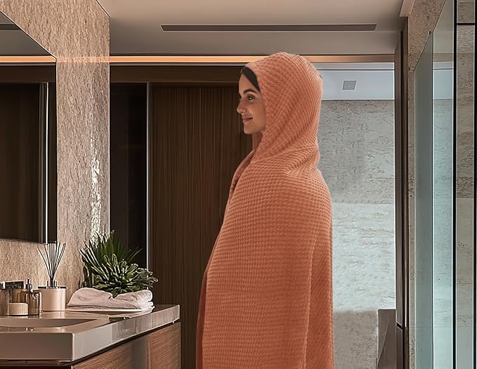 COTTON CRAFT Hooded Bath Towel for Adults – 100% Cotton Waffle Weave Towel | Oversized 35 x 70 inches Ringspun Terry Bath Sheet Wrap with a hood - Soft Super Absorbent Quick Dry – 450 GSM – Mocha