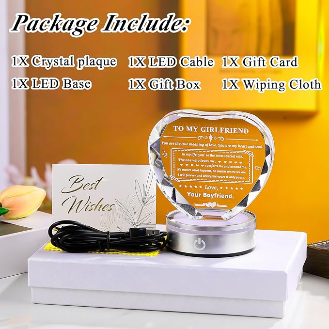 Gifts for Girlfriend Crystal Heart with LED Base Gifts to My Girlfriend from Boyfriend Romantic Anniversary Birthday I Love You Gifts for Her