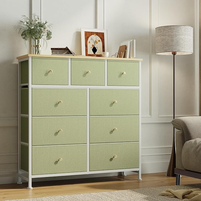 OLIXIS 9 Drawer Storage Dresser with Wood Top - Wide Fabric Chest Organizer for Bedroom, Closet, Living Room,Tower Cabinet, TV Stand, Hallway Entryway Furniture, Light Green
