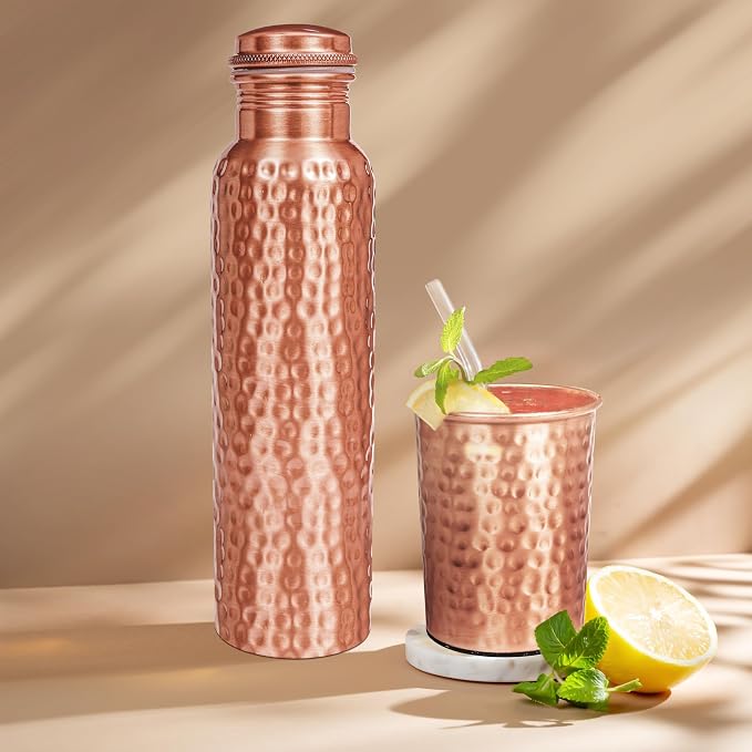 Copper Water Bottle, Hammered Ayurvedic Pure Copper Bottle For Drinking - Drink More Water, Lower Your Sugar Intake And Enjoy The Health Benefits Immediately 32 Oz With Glass