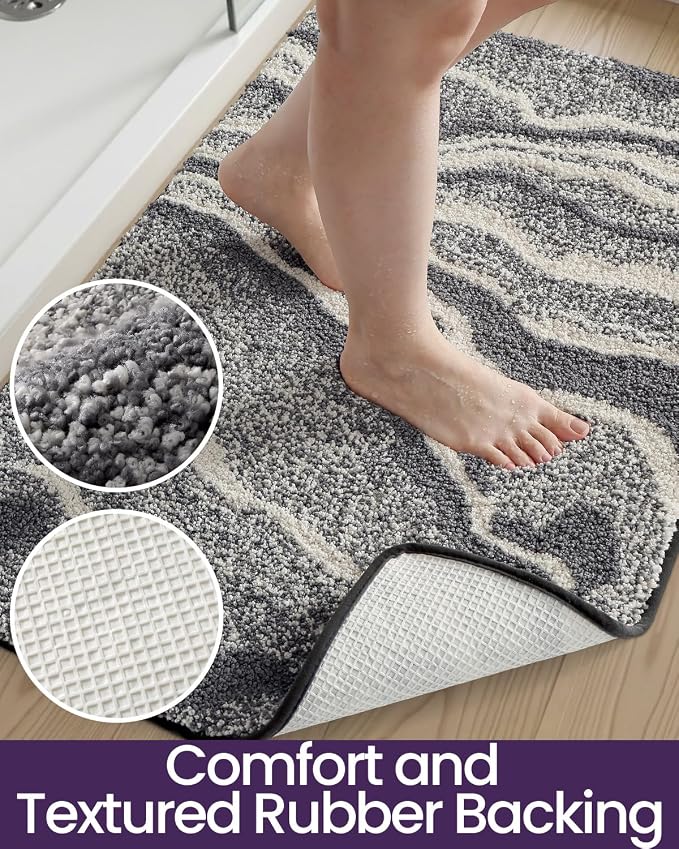 DEXI Bathroom Rug Mat 43x24, Soft and Absorbent Marble Bath Mat, Non Slip Machine Washable Bath Rugs for Shower Floor, Tub, Sink, Dark Grey