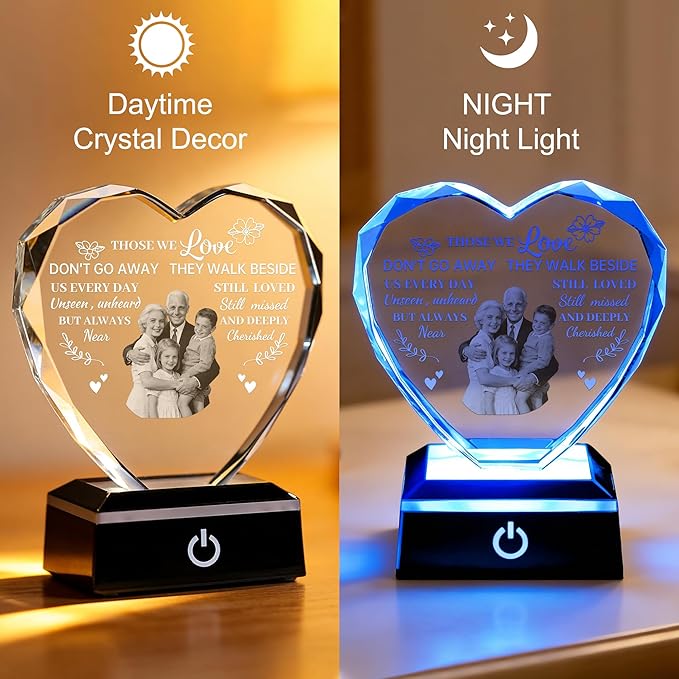 ZHSHWAT Personalized Photo Heart-Shaped Crystal Memorial Night Light - Sympathy Gift for Loss of Loved One, Bereavement Remembrance Decor for Desk, Nightstand, Funeral