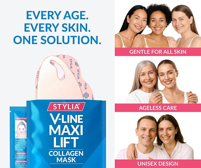 Stylia MaxiLift V-Line Lifting Collagen Face Mask - Double Chin Strap - Jawline Shaper - Neck Firming and Tightening Mask with Hyaluronic Acid & Aloe Vera - Chin Strap for Sleeping (5PC)