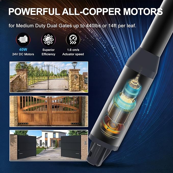C01-L Solar Gate Openers with Batteries & Solar Panel for Dual Swing Gate Up to 14ft Long or 440lb Per Arm, Automatic Gate Openers for Driveway Dual Swing Gate with Long-Range Gate Opener Remote
