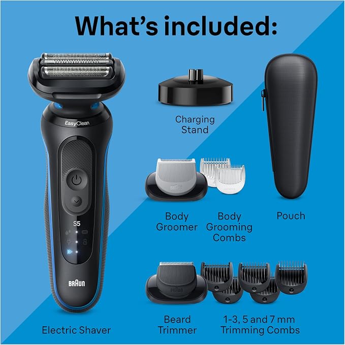 Braun Electric Shaver for Men, Series 5 5150cs, Wet & Dry Razor, Turbo Shaving Mode, Foil Shaver, with Beard Trimmer, Body Groomer and Charging Stand, Blue