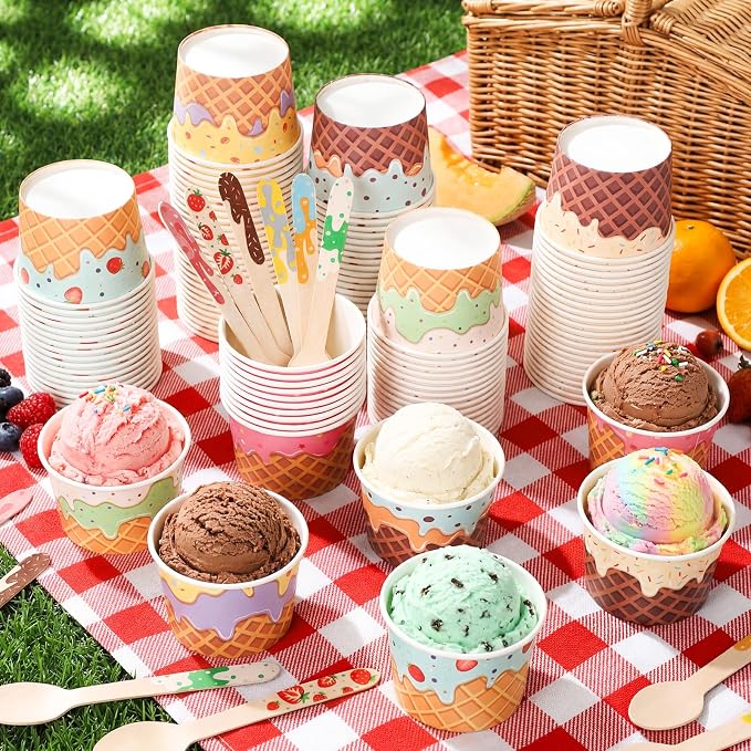 Nuogo 360 Pcs 180 Sets Ice Cream Cups with Spoons Bulk 9.5 oz Disposable Paper Ice Cream Bowls Colorful Dessert Cups Containers for Yogurt Sundae Bar Supplies Summer Gatherings Birthday Party