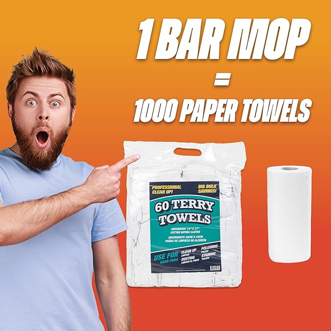 Arkwright TT60 Terry Cloth Rags, Pack of 60, 100% Cotton Cleaning Towels for Kitchen, Auto Shop and Bar Use, Absorbent Machine Washable, 14 x 17 in, White