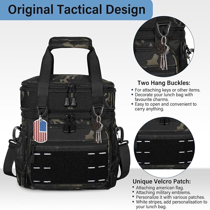 Lunch Box Cooler Bag - Insulated Tactical Lunchbox for Men - Large Lunch Pail or Adults Work Outdoor Shifts Trips Black Camo 16L