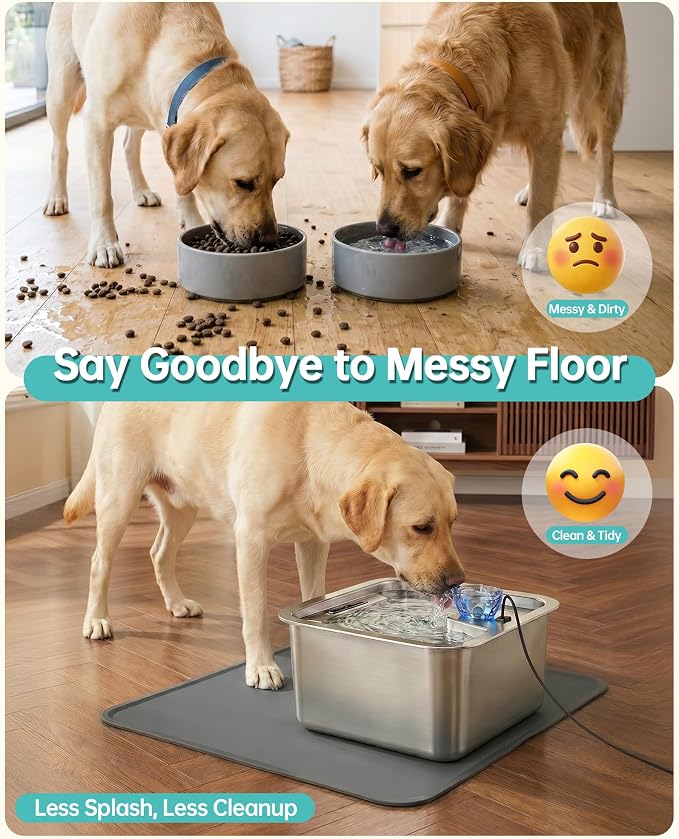 Pet Water Fountain Mat, 24" x 16" Food Grade Silicone Waterproof Mat with Raised Edge, Non Slip Easy Clean Splash Proof Floor Pad for Cat Dog Water Dispenser, Grey