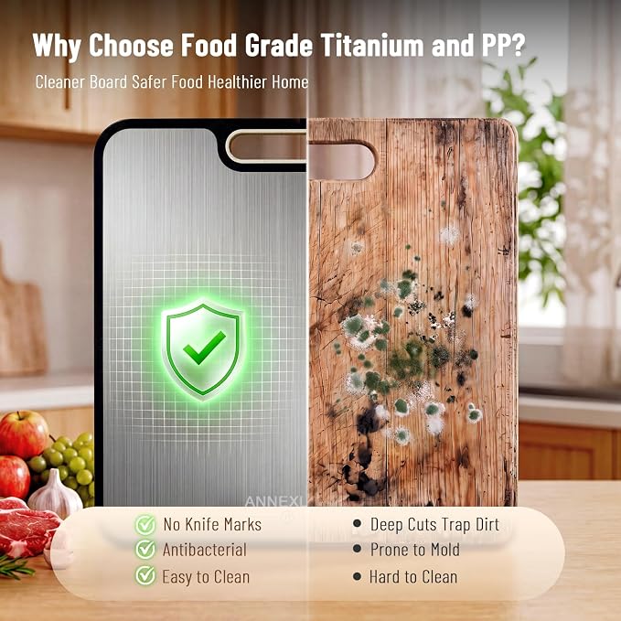 Titanium Cutting Board for Kitchen: Pure Ti & PP 2-Sided Non Toxic | Titanium Metal Chopping Boards for Kitchen: Anti-Slip Light 16oz, 200ml Groove & Grinder for Meats & Veggies